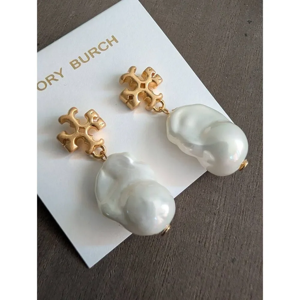 TORY BURCH Gold Double T Logo Baroque Pearl Drop Earrings
